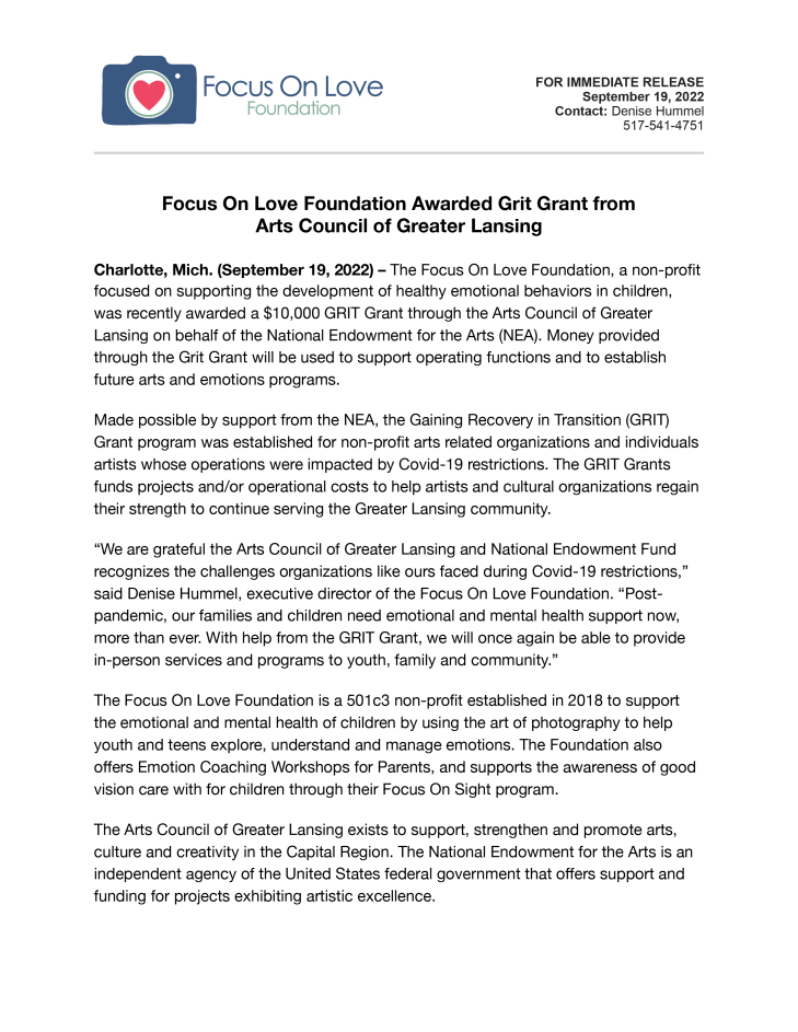 FOL Press Release - GRIT Grant Award